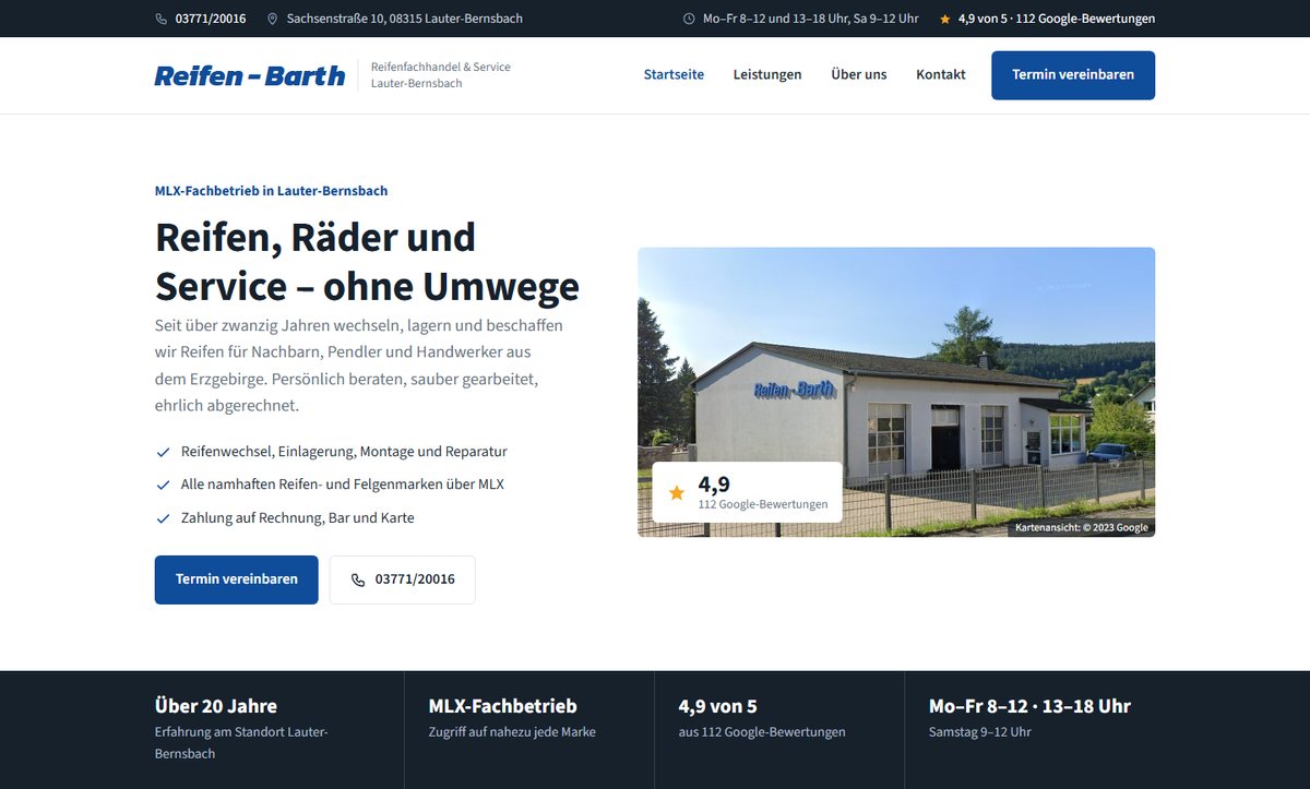 Startseite von Reifen-Barth: Kopfleiste mit Telefonnummer und Öffnungszeiten, Überschrift „Reifen, Räder und Service – ohne Umwege“ und ein Foto des Betriebsgebäudes.